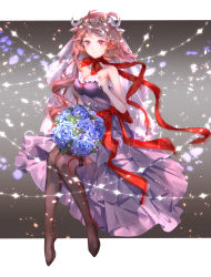 Rule 34 | 1girl, absurdres, alternate costume, arknights, bare arms, bare shoulders, black thighhighs, blue flower, blue rose, brown hair, choker, commentary request, dress, eyjafjalla (arknights), flower, head wreath, highres, horns, long hair, looking at viewer, no shoes, pink eyes, purple dress, red choker, red ribbon, ribbon, ribbon choker, rose, sheep horns, shibei, sitting, smile, solo, strapless, strapless dress, thighhighs, very long hair