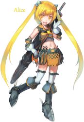 Rule 34 | 1girl, armor, bad id, bad pixiv id, blonde hair, child, full body, gloves, highres, long hair, midriff, navel, observerz, original, petite, solo, sword, thighhighs, transparent background, twintails, weapon, yellow eyes