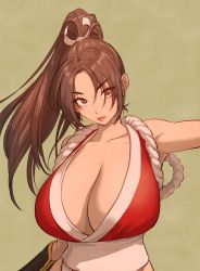 Rule 34 | 1girl, armor, breasts, brown eyes, brown hair, cleavage, fatal fury, female focus, fujii eishun, highres, huge breasts, japanese armor, large breasts, lipstick, long hair, looking at viewer, makeup, matching hair/eyes, ninja, ponytail, revealing clothes, rope, sash, shimenawa, shiranui mai, simple background, solo, the king of fighters, upper body, white sash
