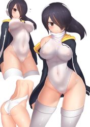 Rule 34 | 10s, 1girl, ass, backless outfit, bent over, black eyes, black hair, blush, breasts, bu li, closed mouth, covered erect nipples, covered navel, cowboy shot, emperor penguin (kemono friends), flying sweatdrops, frown, gluteal fold, hair over one eye, headphones, highleg, highleg leotard, hood, hoodie, kemono friends, large breasts, leotard, long hair, looking at viewer, multicolored hair, multiple views, off shoulder, open clothes, open hoodie, white legwear, white leotard
