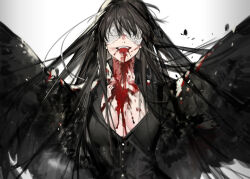 Rule 34 | 1girl, black hair, black shirt, black theme, black wings, blood, blood from mouth, blood on clothes, blood on face, breasts, commentary, covered eyes, facing viewer, floating hair, long hair, medium breasts, messy hair, open mouth, original, shirt, simple background, sketch, solo, starshadowmagician, straight hair, upper body, white background, white blindfold, winged arms, wings