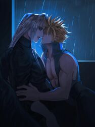 Rule 34 | 2boys, alternate costume, backlighting, bare pectorals, belt, black pants, blonde hair, cloud strife, commentary, couple, dark, final fantasy, final fantasy vii, frost9792, green eyes, grey hair, hand on another&#039;s arm, high collar, highres, imminent kiss, indoors, long bangs, long hair, male focus, multiple boys, night, open clothes, open vest, pants, parted bangs, parted lips, pectorals, rain, sephiroth, shaded face, short hair, sitting, slit pupils, spiked hair, symbol-only commentary, turtleneck, upper body, vest, window, yaoi