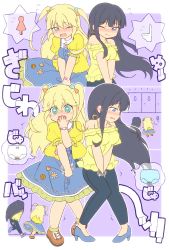 Rule 34 | 2girls, bare shoulders, bathroom, between legs, black hair, black pants, blonde hair, blue dress, blue eyes, blue footwear, blush, border, bow, breasts, buttons, character request, chibi, chibi inset, closed mouth, collared shirt, commission, copyright request, door, dress, ear blush, earrings, ecstasy mamo, embarrassed, female focus, flying sweatdrops, frilled dress, frilled shirt, frilled sleeves, frills, full body, green eyes, hair bow, half-closed eye, half-closed eyes, hand between legs, hand to own mouth, hand up, have to pee, heart, high heels, hoop earrings, japanese text, jewelry, long hair, looking at viewer, looking down, medium breasts, multicolored bow, multiple girls, multiple views, nose blush, notice lines, off-shoulder dress, off shoulder, one eye closed, open mouth, orange footwear, outline, outside border, own hands together, panties, pants, pee, peeing, peeing self, pigeon-toed, pinafore dress, puffy short sleeves, puffy sleeves, purple background, running, shirt, shoes, short sleeves, sidelocks, skeb commission, sleeveless dress, small breasts, spaghetti strap, sparkle, speech bubble, split mouth, spoken object, standing, sweat, tears, toilet, translation request, trembling, two side up, underwear, upper body, v arms, watch, wet, wet clothes, wet panties, white border, white outline, white panties, wide-eyed, wince, wristwatch, yellow shirt