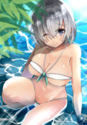 Rule 34 | 10s, 1girl, bad id, bad twitter id, bikini, blue eyes, breasts, closed mouth, collarbone, eyes visible through hair, from above, hair ornament, hairclip, hamakaze (kancolle), hand on own chest, highres, kantai collection, large breasts, leaf, leg lift, looking at viewer, navel, one eye closed, partially submerged, short hair, silver hair, skindentation, solo, sparkle, swimsuit, white bikini, youkan (mattya youkan)