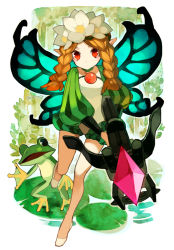 Rule 34 | 1girl, blonde hair, bow (weapon), braid, butterfly wings, crossbow, cyenmi3, fairy, flower, frog, hair flower, hair ornament, ingway (odin sphere), insect wings, lily pad, long hair, mercedes (odin sphere), odin sphere, pointy ears, puff and slash sleeves, puffy shorts, puffy sleeves, red eyes, shorts, twin braids, weapon, wings
