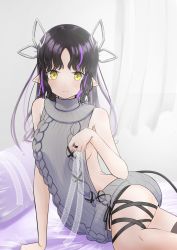 Rule 34 | 1girl, absurdres, aran sweater, backless dress, backless outfit, bed, black hair, black ribbon, blush, breasts, cable knit, closed mouth, commentary request, demon girl, demon horns, demon tail, dress, feet out of frame, grey sweater, halterneck, highres, horns, kiyama motonobu, kojo anna, kojo anna (3rd costume), leg ribbon, long hair, medium breasts, meme attire, multicolored hair, nanashi inc., official alternate costume, pillow, pointy ears, purple hair, ribbed sweater, ribbon, sideboob, smile, solo, sugar lyric, sweater, sweater dress, tail, turtleneck, turtleneck sweater, two-tone hair, virgin killer sweater, virtual youtuber, yellow eyes