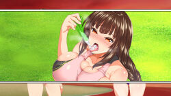 Rule 34 | 1girl, bare shoulders, blush, braid, breasts, breath, brown hair, cleavage, condom, cum, cum in mouth, embarrassed, eyebrows hidden by hair, female focus, from above, gokkun, grass, highres, large breasts, legs, long hair, multiple views, open mouth, original, outdoors, raidon, red eyes, rikujoubu joshi wa ore no nama onaho!!!, single braid, sports bra, thighs, track uniform, used condom
