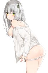 Rule 34 | 1girl, ass, bad id, bad pixiv id, blush, breasts, closed mouth, collared shirt, cowboy shot, dress shirt, from side, green eyes, green ribbon, hair between eyes, hair censor, hair ribbon, highres, leaning forward, long hair, looking at viewer, looking to the side, mafuyu (chibi21), medium breasts, off shoulder, one side up, open clothes, open shirt, original, panties, panty pull, ribbon, shirt, sideboob, silver hair, simple background, small breasts, solo, underwear, white background, white panties, white shirt
