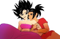 2girls bare_arms bare_shoulders black_hair caulifla closed_mouth crop_top dragon_ball dragon_ball_super earrings golden_armlet highres holding_another&#039;s_arm jewelry kale_(dragon_ball) looking_at_another multiple_girls open_mouth pants pink_tube_top purple_pants red_shirt red_skirt ritostime saiyan shirt short_sleeves sketch skirt smile spiked_hair strapless tube_top white_background yuri