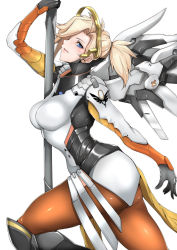 Rule 34 | 1girl, blonde hair, blue background, blue eyes, bodysuit, breasts, commentary request, cowboy shot, emblem, from side, gggg, halo, high ponytail, highres, large breasts, looking at viewer, mechanical halo, mechanical wings, mercy (overwatch), overwatch, overwatch 1, pantyhose, parted lips, sideways glance, solo, staff, white background, wings