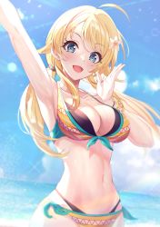 Rule 34 | 1girl, :d, ahoge, arm up, armpits, bikini, blonde hair, blue eyes, blue sky, blush, breasts, cleavage, cloud, collarbone, commentary request, day, duplicate, flower, hachimiya meguru, hair flower, hair ornament, hand up, highres, horizon, idolmaster, idolmaster shiny colors, long hair, looking at viewer, low twintails, medium breasts, navel, ocean, open mouth, outdoors, revision, sky, smile, solo, striped bikini, striped clothes, sutoroa, sweat, swimsuit, twintails, water, white flower