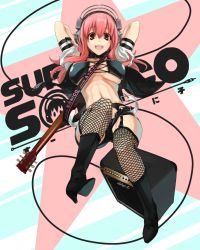 Rule 34 | 1girl, amplifier, bad id, bad pixiv id, boots, breasts, brown eyes, cable, electric guitar, fishnet thighhighs, fishnets, guitar, headphones, high heel boots, high heels, highres, instrument, large breasts, long hair, marshall, nitroplus, open mouth, pink hair, shorts, solo, super sonico, tef, thighhighs, thighhighs under boots