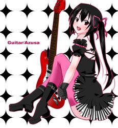 Rule 34 | 00s, 1girl, bad id, bad pixiv id, black hair, boots, brown eyes, dress, female focus, frills, full body, guitar, instrument, k-on!, long hair, nakano azusa, ragho no erika, solo, fender stratocaster, thighhighs, twintails