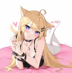 Rule 34 | 1girl, absurdres, ahoge, animal ear fluff, animal ears, bad id, bad pixiv id, black choker, black shirt, blonde hair, blush, bound, bound wrists, breasts, bsmycc, cat ears, cat girl, cat tail, chinese commentary, choker, closed mouth, commentary request, copyright request, cross, cross earrings, earrings, extra ears, hair between eyes, hair ornament, heart, heart-shaped pupils, highres, jewelry, large breasts, long hair, looking at viewer, lying, no shoes, on stomach, pantyhose, paw print soles, purple eyes, shirt, simple background, solo, symbol-shaped pupils, tail, the pose, very long hair, virtual youtuber, white background, white pantyhose, x hair ornament