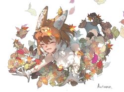 Rule 34 | animal ears, autumn leaves, bare shoulders, blush, closed eyes, dhole (kemono friends), dog ears, dog girl, dog tail, extra ears, fang, gloves, hair between eyes, kemono friends, leaf, leaf on head, light brown hair, multicolored hair, open mouth, sasa fune, shirt, short hair, sidelocks, sleeveless, tail, two-tone hair, white gloves, white hair, white shirt