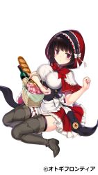 Rule 34 | 1girl, alcohol, apron, basket, black hair, boots, bow, bread, breasts, copyright request, food, highres, hood, hoodie, impossible clothes, impossible shirt, kuro chairo no neko, large breasts, little red riding hood, little red riding hood (grimm), looking at viewer, parted lips, plaid, purple eyes, shirt, short hair, simple background, sitting, skirt, solo, taut clothes, taut shirt, thigh boots, thighhighs, underbust, waist apron, white background, wine, yokozuwari