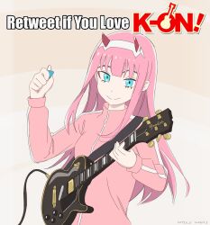 Rule 34 | 1girl, artist name, blue eyes, bocchi the rock!, color connection, commentary, cosplay, darling in the franxx, electric guitar, english commentary, english text, eyebrows hidden by hair, female focus, gotoh hitori, gotoh hitori (cosplay), guitar, hair color connection, hairband, highres, hitsuji (hitsujigoods), holding, holding guitar, holding instrument, holding plectrum, horns, instrument, jacket, k-on!, long hair, pink hair, pink jacket, plectrum, signature, smile, solo, track jacket, trait connection, trolling, upper body, zero two (darling in the franxx)