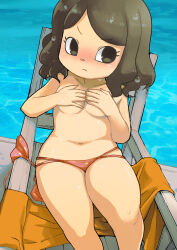 Rule 34 | &gt;:(, 1girl, animal crossing, annoyed, beach chair, bikini, breasts, brown eyes, brown hair, closed mouth, collarbone, covering privates, covering breasts, eyelashes, frown, highres, medium breasts, muramasa mikado, navel, nintendo, pool, poolside, red bikini, short hair, sitting, solo, swept bangs, swimsuit, thighs, topless, towel, v-shaped eyebrows, villager (animal crossing), water, wet, wet hair