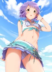 Rule 34 | 1girl, :d, absurdres, bikini, bikini under clothes, blue sky, bracelet, breasts, commentary request, cowboy shot, from below, highres, homco, idolmaster, idolmaster million live!, idolmaster million live! theater days, jewelry, looking at viewer, makabe mizuki, microskirt, navel, open mouth, purple hair, short hair, skirt, sky, small breasts, smile, solo, striped bikini, striped clothes, swimsuit, swimsuit under clothes, vertical-striped bikini, vertical-striped clothes, wet, yellow eyes