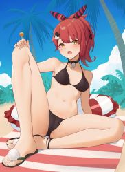 Rule 34 | 1girl, act (xadachit), bare legs, bare shoulders, beach towel, bikini, black bikini, black choker, blue sky, breasts, candy, choker, collarbone, commission, day, flip-flops, food, girls&#039; frontline, hair ornament, hairclip, hand on own knee, highres, holding, holding food, innertube, lollipop, looking at viewer, mp7 (girls&#039; frontline), mp7 (lollipop ammo) (girls&#039; frontline), navel, open mouth, outdoors, palm tree, red hair, sandals, short hair, short ponytail, sitting, sky, small breasts, solo, swim ring, swimsuit, thighs, towel, tree, yellow eyes