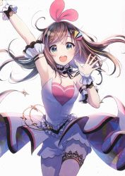 Rule 34 | 1girl, :d, absurdres, adapted costume, arm up, armpits, blush, breasts, brown hair, cleavage, green eyes, hair ornament, hair ribbon, heart, highres, jewelry, kizuna ai, kizuna ai (anniversary), kizuna ai inc., long hair, medium breasts, morikura en, multicolored hair, open mouth, outstretched arm, pink hair, pink ribbon, ribbon, ring, round teeth, scan, shirt, short shorts, shorts, signature, simple background, smile, solo, star (symbol), strapless, streaked hair, teeth, upper teeth only, virtual youtuber, white background, white shirt, white shorts, wrist cuffs