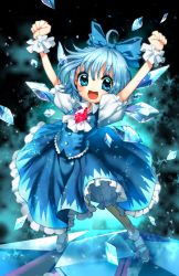 Rule 34 | 1girl, ahoge, arms up, bad id, bad pixiv id, blue dress, blue eyes, blue hair, blue theme, cirno, clenched hands, dress, happy, highres, ice, ice wings, icicle fall, matching hair/eyes, open mouth, puffy short sleeves, puffy sleeves, raised fists, short hair, short sleeves, smile, solo, touhou, wadani hitonori, wings, wrist cuffs