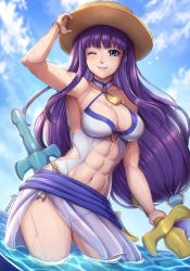 Rule 34 | 1girl, abs, altina (fire emblem), arm up, blue eyes, blue one-piece swimsuit, blue sky, breasts, cleavage, cloud, collarbone, cowboy shot, evomanaphy, fire emblem, fire emblem: radiant dawn, fire emblem heroes, grin, hand on headwear, hat, highres, holding, huge weapon, inflatable sword, inflatable toy, large breasts, long hair, looking at viewer, muscular, muscular female, navel, nintendo, official alternate costume, one-piece swimsuit, one eye closed, partially submerged, ponytail, purple hair, sky, smile, solo, straw hat, sun hat, swimsuit, very long hair, water, weapon