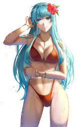 Rule 34 | 1girl, aqua hair, arm up, armlet, bikini, blue eyes, breasts, cleavage, cowboy shot, delsaber, eirika (fire emblem), fire emblem, fire emblem: the sacred stones, fire emblem heroes, flower, groin, hand in own hair, hibiscus, highleg, highleg bikini, highleg swimsuit, highres, large breasts, navel, nintendo, official alternate costume, red bikini, simple background, solo, swimsuit, wet, white background