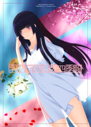 Rule 34 | 1girl, absurdres, adjusting hair, black eyes, black hair, character request, cherry blossoms, cover, dress, female focus, flower, gradient background, highres, hime cut, leaf, long hair, outdoors, plant, sakamoto mineji, sky, snowing, solo, sunflower