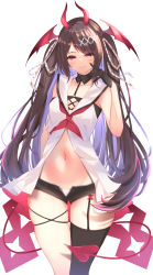 Rule 34 | 1girl, bare arms, bare shoulders, black gloves, black shorts, black thighhighs, breasts, brown hair, center opening, colored inner hair, demon horns, demon tail, garter straps, gloves, haidollo, head wings, horns, long hair, looking at viewer, micro shorts, multicolored hair, navel, neckerchief, noripro, open clothes, open shorts, ouma kirara, panties, panty peek, red eyes, revealing clothes, shirt, shorts, simple background, single thighhigh, skindentation, sleeveless, sleeveless shirt, small breasts, smile, solo, standing, stomach, tail, thighhighs, thighs, two side up, underwear, very long hair, virtual youtuber, white background, white panties, white shirt, wings