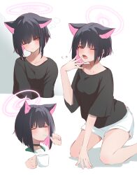 Rule 34 | 1girl, bare legs, black hair, black shirt, blue archive, blunt ends, blush, breasts, brushing teeth, collarbone, colored inner hair, commentary, cup, disembodied hand, exiadoon, halo, highres, holding, holding cup, kazusa (blue archive), kneeling, looking at viewer, medium breasts, multicolored hair, multiple views, pink hair, shirt, short hair, shorts, squeans, sleepy, two-tone hair, white shorts, yawning