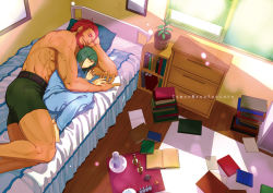 Rule 34 | 2boys, bad id, bad pixiv id, barefoot, beard, bed, book, command spell, facial hair, fate/zero, fate (series), fetal position, green hair, iskandar (fate), male focus, manly, multiple boys, muscular, pajamas, red hair, topless male, shorts, size difference, sleeping, tomoemanu, waver velvet, yaoi