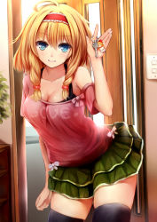 Rule 34 | 1girl, alice margatroid, alternate hairstyle, bare shoulders, black thighhighs, blonde hair, blue eyes, blush, breasts, casual, cleavage, contemporary, hairband, kero (tomoki-tiger), key, charm (object), shanghai doll, short hair, skirt, smile, solo, thighhighs, touhou, zettai ryouiki