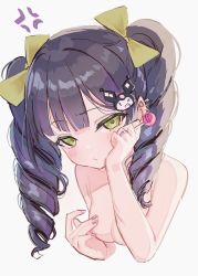 Rule 34 | 1girl, absurdres, anger vein, black hair, blush, bow, breasts, brown bow, candy, closed mouth, commentary request, cropped torso, drill hair, ear piercing, food, green eyes, grey background, hair bow, hands up, highres, holding, holding candy, holding food, holding lollipop, jewelry, kuromi, lollipop, long hair, medium breasts, nail polish, nude, onegai my melody, original, piercing, pointy ears, ring, sanrio, simple background, solo, tsukiman, twin drills, twintails, upper body