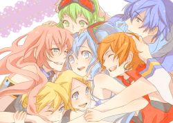 Rule 34 | 2boys, 5girls, :d, ;d, ^ ^, am (amyu amyu), aqua eyes, aqua hair, aqua nails, armband, armpits, bare arms, bare shoulders, blonde hair, blue eyes, blue hair, blue scarf, blush, brother and sister, brown hair, closed eyes, colorized, earrings, friends, goggles, goggles on head, green eyes, green hair, green nails, group hug, gumi, hair between eyes, hair ornament, hairclip, happy, hatsune miku, hoop earrings, hug, jacket, jewelry, kagamine len, kagamine rin, kaito (vocaloid), laughing, long hair, long sleeves, looking at another, looking at viewer, looking down, looking up, megurine luka, meiko (vocaloid), multiple boys, multiple girls, nail polish, one eye closed, open mouth, pink hair, round teeth, scarf, short hair, siblings, sleeveless, smile, teeth, twins, upper body, vocaloid, white jacket, wince, wink, yellow nails