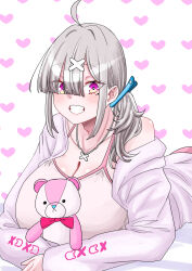 Rule 34 | 1girl, absurdres, ahoge, breasts, cleavage, eyes visible through hair, frim 02, grey hair, hair ornament, hair over one eye, highres, jewelry, large breasts, long hair, looking at viewer, mole, mole under eye, necklace, nijisanji, open mouth, pajamas, pink eyes, simple background, smile, solo, stuffed animal, stuffed toy, sukoya kana, teddy bear, virtual youtuber, x hair ornament