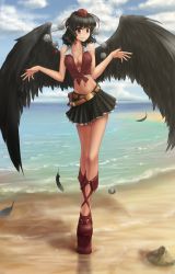 Rule 34 | 1girl, alternate costume, bare shoulders, beach, belt, black hair, black wings, blue sky, breasts, cleavage, cloud, contemporary, crop top, day, feathers, full body, geta, grin, hat, hater (hatater), highres, looking at viewer, medium breasts, midriff, nail polish, navel, navel piercing, non-web source, ocean, outdoors, piercing, pointy ears, pom pom (clothes), red eyes, sand, shameimaru aya, short hair, skirt, sky, sleeveless, smile, solo, string, tengu-geta, tokin hat, touhou, water, wings