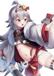 Rule 34 | 1girl, ahoge, azur lane, bandages, fur trim, hair ornament, hibiki (azur lane), horns, miso (misomiso 154), navel, oni, oni horns, open mouth, outstretched arm, pom pom (clothes), red eyes, sarashi, silver hair, skindentation, skirt, solo, thigh strap, thighhighs, white background, white thighhighs