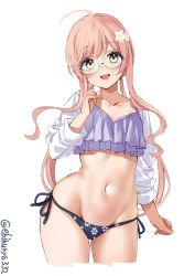Rule 34 | 1girl, ahoge, bikini, black bikini, blue-framed eyewear, blush, collarbone, cropped legs, ebifurya, floral print, flower, glasses, groin, hair flower, hair ornament, hand up, highres, kantai collection, long hair, long sleeves, looking at viewer, low twintails, makigumo (kancolle), navel, one-hour drawing challenge, open mouth, pink hair, semi-rimless eyewear, side-tie bikini bottom, simple background, smile, solo, swimsuit, thighs, twintails, twitter username, very long hair, white background, wide hips, yellow eyes