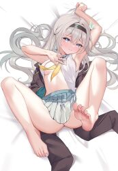 Rule 34 | 1girl, absurdres, armpits, barefoot, blue eyes, blush, breasts, closed mouth, feet, firefly (honkai: star rail), hair ornament, hairband, highres, honkai: star rail, honkai (series), knees up, legs, long hair, looking at viewer, lying, medium breasts, multicolored eyes, nail polish, on back, open clothes, open shirt, pink eyes, pleated skirt, skirt, soles, spread legs, thighs, toenail polish, toenails, toes, white hair, zhongwu chahui