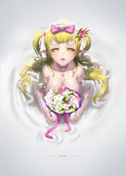 Rule 34 | 1girl, bare shoulders, blonde hair, bouquet, bow, breasts, bridal veil, bride, cleavage, collarbone, earrings, female focus, flower, full body, gloves, hair flower, hair ornament, hairband, heart, heart necklace, highres, hk (hk), jewelry, lace, lace-trimmed gloves, lace trim, large breasts, long hair, looking at viewer, necklace, no shoes, open mouth, original, pink bow, pink ribbon, pointy ears, ribbon, see-through, sitting, solo, tongue, two side up, veil, very long hair, wariza, white flower, yellow eyes