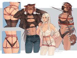 Rule 34 | 2girls, absurdres, animal ears, bbybluemochi, bdsm, bondage, bondage outfit, bound, breasts, cat ears, cat girl, cat tail, cleavage, collar, commentary, crop top, english commentary, femdom, grey background, harness, highres, jacket, leash, medium breasts, multiple girls, multiple views, muzzle, navel, open clothes, open jacket, original, simple background, tail, thighhighs, underwear, yuri
