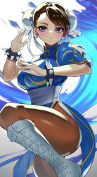 Rule 34 | 1girl, absurdres, blue dress, boots, bracelet, breasts, brown eyes, brown hair, bun cover, capcom, china dress, chinese clothes, chun-li, cross-laced footwear, double bun, dress, earrings, fighting stance, hair bun, hair pulled back, highres, jewelry, large breasts, looking at viewer, open mouth, pantyhose, pelvic curtain, puffy short sleeves, puffy sleeves, sash, sato one1, short sleeves, side slit, solo, spiked bracelet, spikes, standing, standing on one leg, street fighter, street fighter ii (series), white footwear