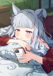 Rule 34 | 1girl, animal ears, blurry, blurry background, blush, bow, cellphone, closed mouth, commentary request, ear bow, ear down, gold ship (umamusume), highres, holding, holding phone, horse ears, horse girl, indoors, komeko97, long hair, long sleeves, looking at viewer, lying, messy hair, on bed, on stomach, pajamas, phone, pillow, purple bow, purple eyes, smartphone, solo, umamusume