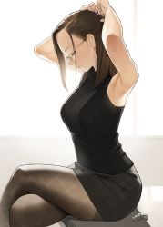 Rule 34 | 1girl, armpits, arms up, backlighting, black pantyhose, black shirt, black skirt, blouse, breasts, closed eyes, closed mouth, crossed legs, drop earrings, earrings, eyes visible through hair, forehead, formal, from side, gem, glasses, hair ornament, hairclip, highres, jewelry, long hair, miniskirt, original, pantyhose, pearl (gemstone), pencil skirt, plaid, plaid legwear, shirt, sitting, skirt, skirt suit, sleeveless, sleeveless shirt, solo, suit, thighs, tight skirt, tying hair, unworn hair ornament, unworn hairclip, yomu (sgt epper)