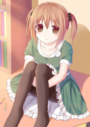 Rule 34 | 1girl, badge, black pantyhose, blush, book, bookshelf, bow, brown eyes, brown hair, button badge, collarbone, convenient leg, crayon, dress, flat chest, frilled dress, frills, green dress, hair bow, hugging own legs, ikeda yuuki, indoors, knees together feet apart, knees up, light smile, looking at viewer, margikarman itoa, no shoes, notebook, on floor, pantyhose, shadow, short hair, short sleeves, short twintails, sitting, solo, tachibana aki, twintails