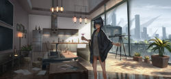 Rule 34 | 1girl, alcohol, animal ears, arknights, bad id, bad pixiv id, black hair, blush, bottle, box, bracelet, breasts, building, cardboard box, ceiling light, chair, closed mouth, cocktail glass, coffee table, commentary, cup, day, drink, drinking glass, english commentary, flat sign, floor lamp, green eyes, gun, high ponytail, highres, holding, holding cup, indoors, jessica (arknights), jewelry, magazine (object), pendant, plant, ponytail, potted plant, reflection, reflective floor, refrigerator, rifle, scenery, scope, shirt, skyscraper, small breasts, smile, sniper rifle, solo, standing, stove, table, television, weapon, white shirt, window, yurichtofen