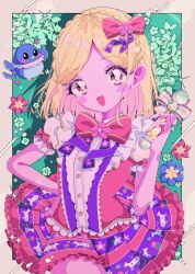 Rule 34 | 1girl, :d, absurdres, animal print, bird, blonde hair, blue flower, blush, bow, braid, bright pupils, brown eyes, center frills, crown braid, dress, floral print, flower, frilled dress, frills, green background, hair bow, hand on own hip, hand up, heart, highres, holding, holding microphone, idol clothes, leaf, long hair, looking at viewer, microphone, midorikaze fuwari, milon cas, open mouth, pink flower, pretty series, pripara, puffy short sleeves, puffy sleeves, red bow, red dress, red flower, retro artstyle, short sleeves, smile, solo, toriko (pripara), white pupils
