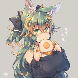 Rule 34 | 1girl, animal ears, black ribbon, bread slice, breasts, crossed bangs, egg, egg (food), food, fried egg, fried egg on toast, green eyes, green hair, grey background, hair between eyes, hair ribbon, kuromiya, kuromiya raika, large breasts, long hair, long sleeves, looking at viewer, mouth hold, multicolored hair, orange hair, original, ribbon, shirt, simple background, solo, toast, two-tone hair, upper body, white shirt