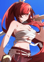 Rule 34 | 1girl, arm tattoo, bandages, bare arms, bare shoulders, blue sky, breasts, chest sarashi, cleavage, commentary, cowboy shot, day, ecliygame, erza scarlet, fairy tail, hair over one eye, hakama, highres, holding, japanese clothes, large breasts, long hair, looking at viewer, midriff, navel, official alternate costume, ponytail, red eyes, red hair, red hakama, sarashi, sky, smile, solo, standing, stomach, tattoo, very long hair